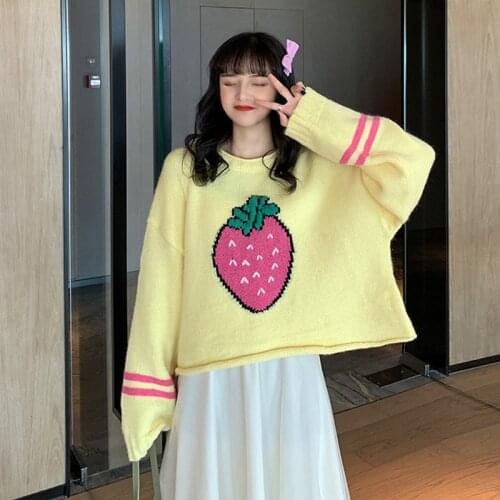 Autumn Strawberry Pattern Knitting Sweater Women Korean O-Neck Long Sleeve Loose Female Pullover Sweater Cute Soft Girl Sweaters