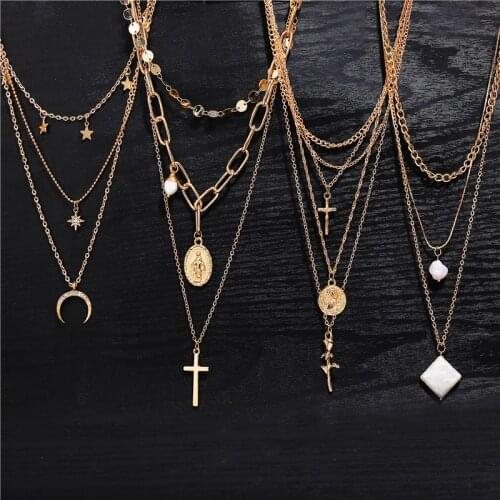 Hot Sale Gold Multilayer Chain Necklace Women New Bohemian Pendant Shell Pearl Cross Necklaces Ethnic Female Fashion Jewelry