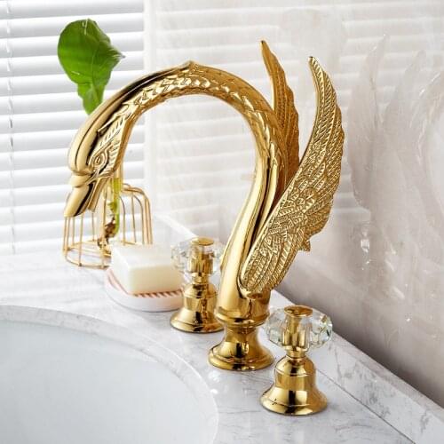 Basin Mixer Faucets Basin Tap Gold Brass and Crystal 3 Holes Double Handle Bathroom Sink Faucet Hot and Cold Bathtub Mixer Taps