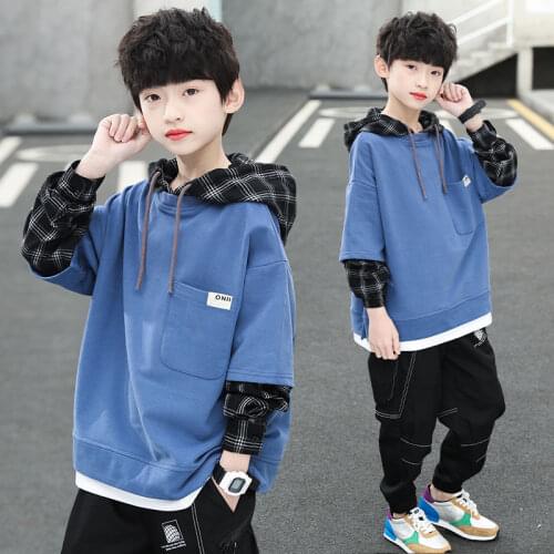 New Boys Hoodie 12 Years Old Childrens Pullover Plaid Long Sleeve Patchwork T-shirt Childrens Black Sweater Casual Sweatshit
