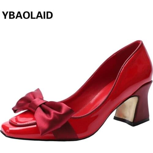Square Bow High-heeled Shoes Spring and Autumn New Red Patent Leather Shallow Mouth Thick Heel Banquet Shoes Wedding Shoes