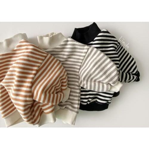 Korean baby and childrens clothing cotton stripe Plush sweater neutral loose high neck sweater top long sleeve