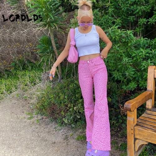 Lordlds Woman Denim Pants Pink Leopard Print Y2k Low Rise Jeans Korean Fashion Streetwear Ladies Bell Bottom Cargo Trousers