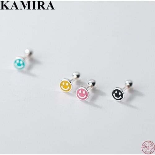 KAMIRA 925 Sterling Silver Punk Vintage Color Smiley Spiral Bead Stud Earrings for Women Teen Party Cute Charms Jewelry Gift New