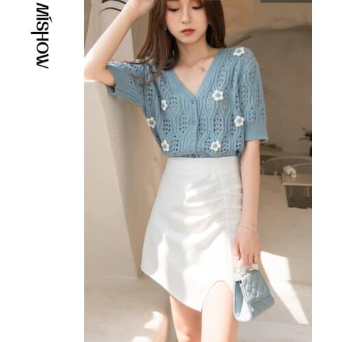 MISHOW Summer New Sweaters For Women Offical Lady Vneck Hollow Out Short Sleeve Straight Womens Cardigan Tops MXA22Z0007