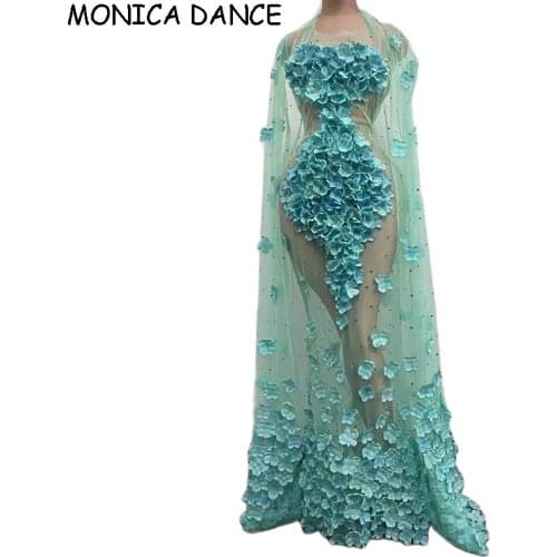 Women Rhinestone Floral Mesh See Through Dress Sexy Perspective Floor Length Trailing Dress for Singer Evening Birthday