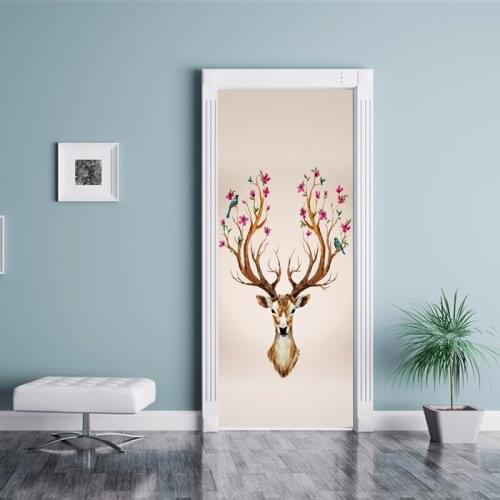 3D Artificial Reindeer Wallpaper Door Sticker Poster Saloon Store Decor Flower Deer Head Living Room Home Decoration