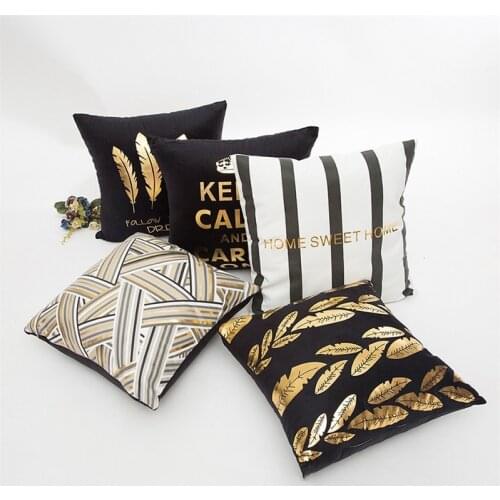 45x45cm Black Pillow Case Gold Foil Printing Leaves Geometric Cushion Cover Striped Sofa Pillow Covers Decorative Pillowcase