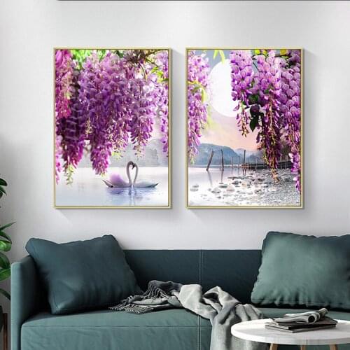 Full Square/Round Drill DIY Diamond Painting "Purple Flower Tree Swan Lake Landscape" Embroidery Cross Stitch 5D Home Decor N624