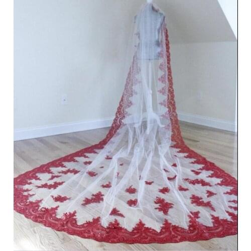 Cathedral Veil with Red Sequined Lace, Red Appliques Veil Wedding Veil, Veils Boho Veil, Chapel Veils, Cathedral Veils