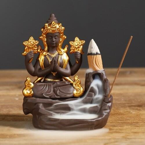 Purple Clay Indian Shakyamuni Backflow Incense Burner Creative Landscape Buddha Statue Crafts Smoke Censer Decoration