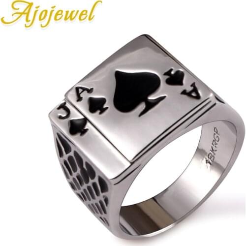 Size 7-12 Classic Cool Mens Jewelry Chunky Black Enamel Spades Poker Ring Men Gold-color
