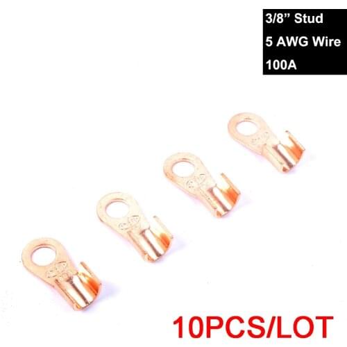 10PCS Copper Battery Terminal Lugs Kit End Connection Upto 5AWG Wire 3/8" Stud Ring Eye 100A for Electrical Engineering Battery