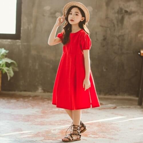 New Korean Version of Summer Vacation Long Dress Red Girls Cotton Summer Dress Retro Childrens Skirt