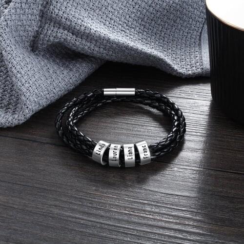 Personalized Braided Leather Bracelets for Men with Stainless Steel Beads Custom Family Name ID Bracelet Bangle Gifts for Him