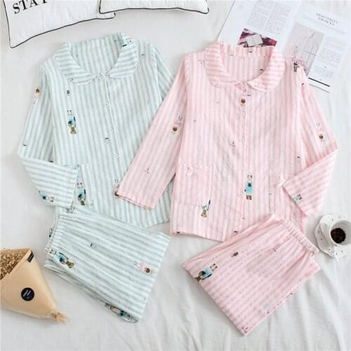 2020 summer new Japanese cotton double gauze pajamas womens cotton loose stripes long sleeve housewear suit