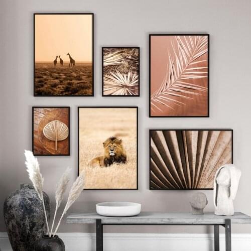African Grassland Giraffe Lion Palm Leaf Nordic Posters And Prints Wall Art Canvas Painting Wall Pictures For Living Room Decor