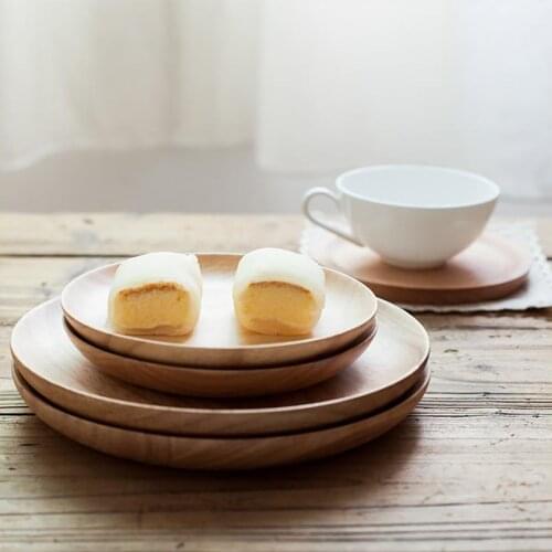 1Pcs Rubber Wood Snack Plate Japanese Wooden Tray Round Snack Fruit Dish Plate Japanese and Korean Style Wooden Plate Tray