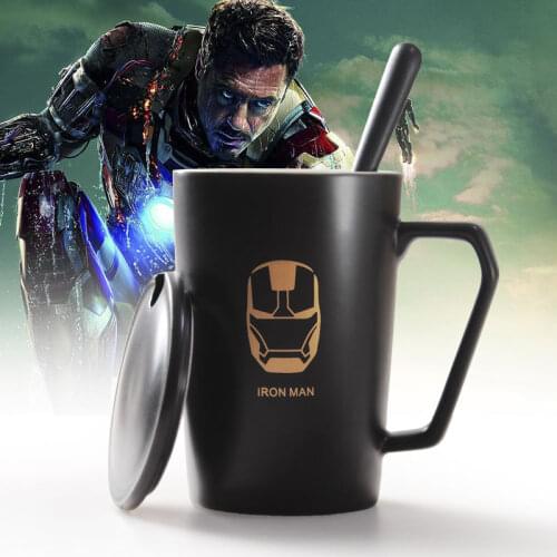 400mL Super Hero Mugs Iron Man Water Cup Coffee Milk Cup Black Fashion Ceramic Mug with Lid and Spoon Cup Gift