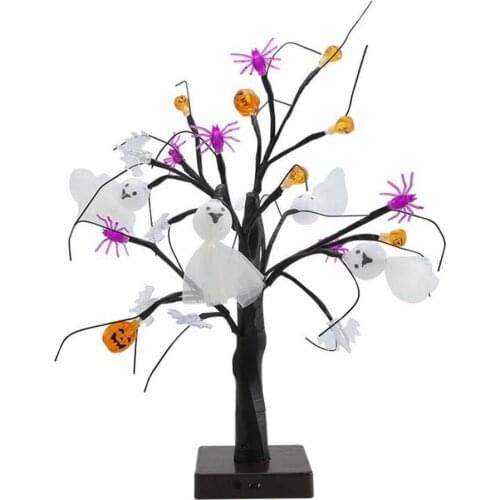 Halloween LED Tree Lamp Bedside Night Light Decorative Pumpkin Ghost Tree Ornament With 24 Lights Party Decor Props