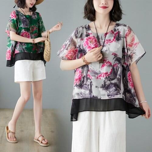 Summer 2021 Chiffon Printing Short Sleeve Top Casual Shirts Pullover Loose Women Fashion Plus Size Clothes Green Blouse