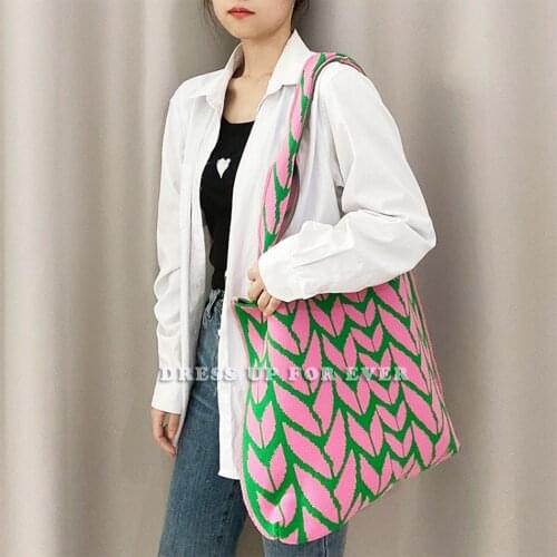 Female Jacquard Simple Wheat Ear Pattern Woolen Knitted Shoulder Bag Womens Vintage Large Capacity Shopping Bag Totes Handbag