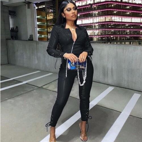 PU Leather Bodycon Two Piece Set Women V Neck Jacket + Skinny Pants Set Streetwear Lace Up Slim 2 Piece Outfits for Women Casual