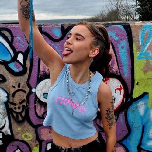 Women Sleeveless Crop Top Adults Summer Slim Fit Letter Print Round Neck Tank Top