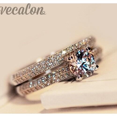 Vecalon fashion ring wedding band ring set for women 1ct 5A Zircon cz ring 925 Sterling Silver Female Engagement Finger ring