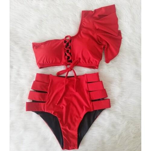 2021 Sexy Women High Waist Bikini Swimsuit Swimwear Female One Shoulder Ruffle Biquini Bikini Set Bathing Suit Bather