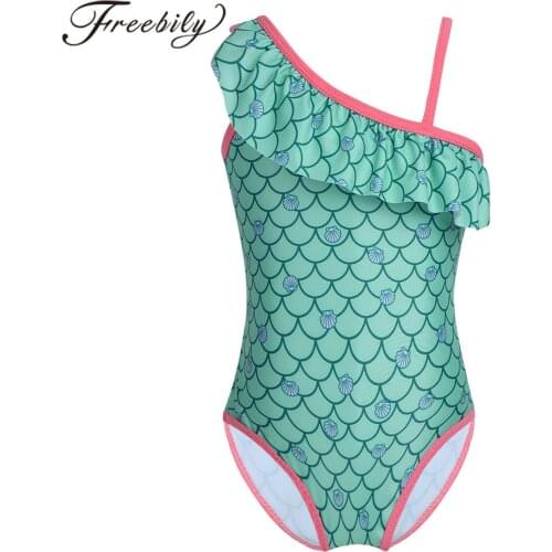 Kids Girls Swimsuit Beachwear Mermaid Scales Printed Ruffled Swimwear Childrens Bathing Suit Summer One Piece Girl Swimsuits