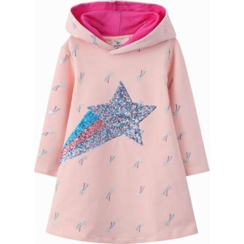 Jumping Meters Autumn Winter Girls Star Sequins Hooded Long Sleeve Dresses Childrens Cotton Casual Toddler Kids Frocks 2-7Years