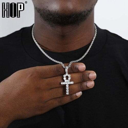 Hip Hop Silver Color Bling CZ Ankh Cross Iced Out Cubic Zirconia Necklaces & Pendants For Men women Charm Jewelry