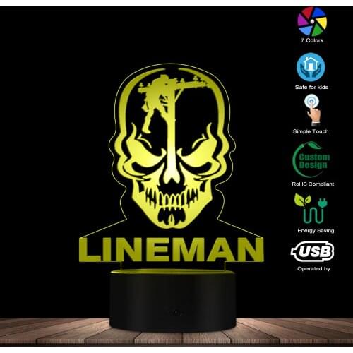 Personalised Lineman Inspired LED Lights Lineman Skull 3D Optical illusion Lamp Custom Designed Lamp Decorative Electrician Gift