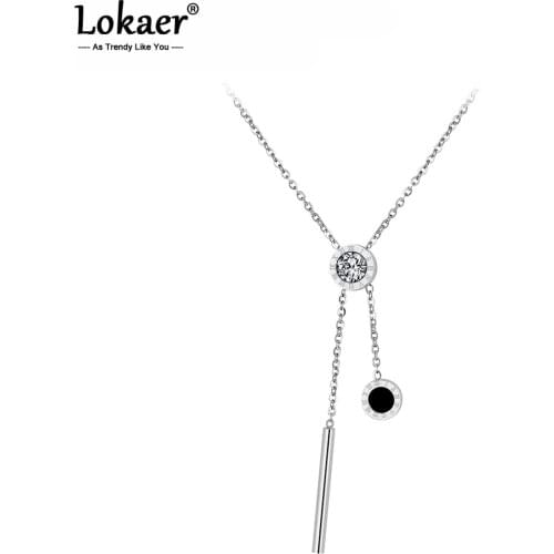 Lokaer Classic Cubic Zirconia Stainless Steel Jewelry Black Shell Roman Alphabet Pendant Neckalces Bridal Wedding Jewelry N18027