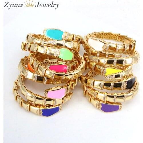 3PCS, Ethnic CZ Pave Snake Bangle for Women Hip Hop Chunky Colorful Enamel Zirconia Cuff Bangles Fashion Jewelry Top Quality