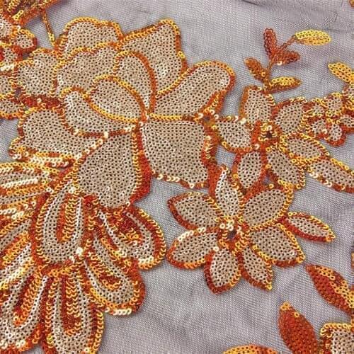 Lace168 Golden Florals Sequins Embroidery Mesh Yarn Sequined Fabric Fashion Luxury Womens Dresses Stage Dress Wedding Fabrics