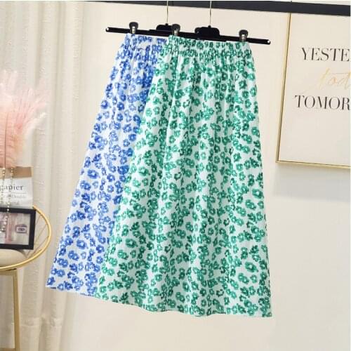 Summer Sweet Floral Printing Sweet Fluffy A-line Long Cotton Skirts Green