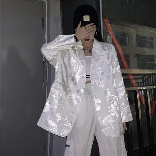 Fashion Women suits Vintage Dragon print Oversize suit coat Loose Long ladies overcoat Casual female White suit HOT women jacket