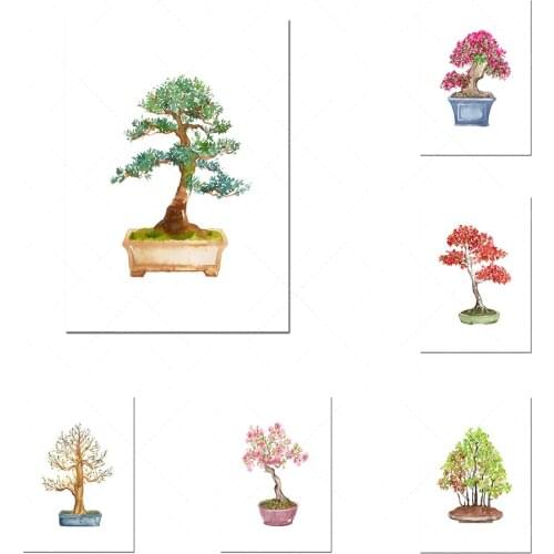 Watercolor bonsai printable art set 9 piece set, Japanese garden art gardener gift gardening print, Asian plant art wall poster