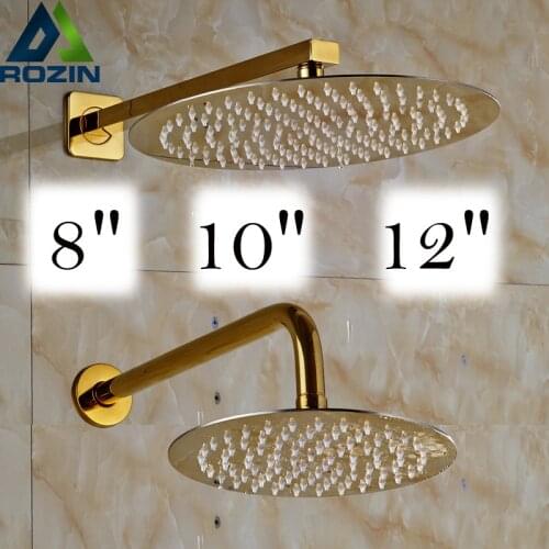 Free Shipping Golden 8/10/12 inch Ultrathin Rainfall Shower Head with Wall Mount Brass Shower Arm