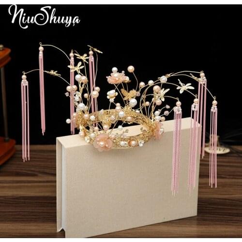 NiuShuya Elegance Chinese Pink Bridal Jewelry Headdress Ancient Hairwear Long Tassel Flower Brides Wedding Jewelry Accessories