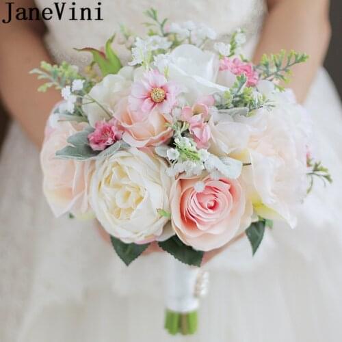 JaneVini High-end Silk Flower Wedding Bouquets Bridal Bouquet For Brides Artificial Rose Brooch Groom Wedding Hand Bouquet Pink