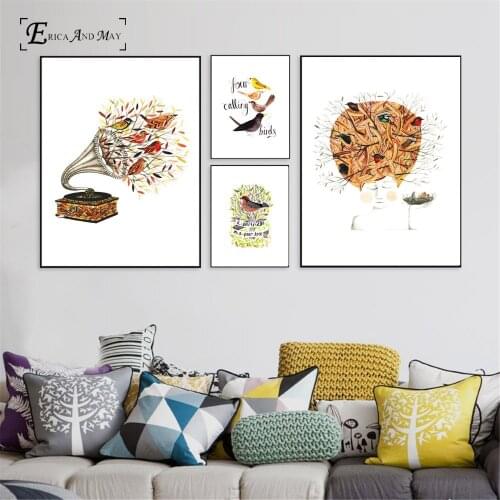 Birds Flowers Music Phonograph Vintage Poster Prints Oil Painting On Canvas Wall Art Murals Pictures For Living Room Decoration
