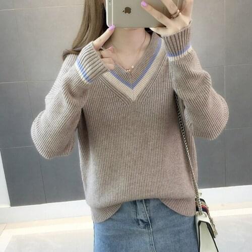 Trendy Women V Neck Pullovers Spring Autumn Long Sleeve Knitted Sweater Loose New Female Jumper Tops Knitwear