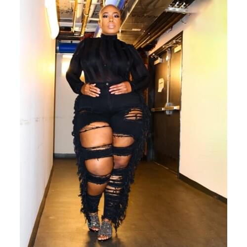 Ripped Tassels Skinny Fashion Street Plus Size Woman Jeans Women Bottoms Pants Sexy Black High Street Wear Drop Shipping