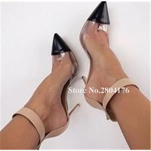 Fashion Women Pointed Toe PVC Patchwork Stiletto Heel Pumps Clear Transparent Ankle Strap High Heels Formal Dress Heels