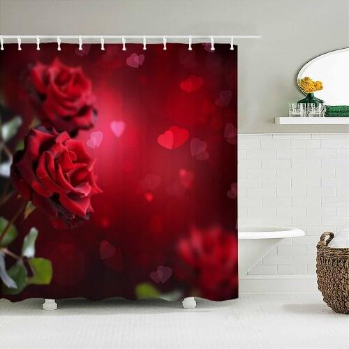 3D Red Rose Plants Flowers Bathroom Curtain Love Romance Bath Curtain Waterproof Fabric Shower Curtains Decor 240X180 With Hooks