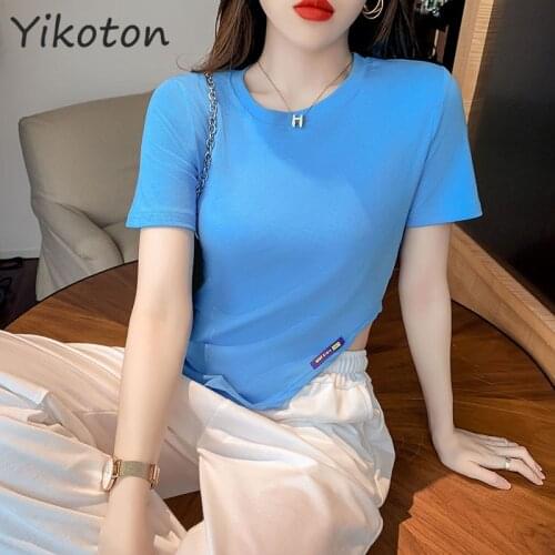 Womens Clothing 2021 Summer New Cotton Short-Sleeve Casual O-neck Solid Basic T Shirt Sexy Female Clothing Fashion Ladies Blue