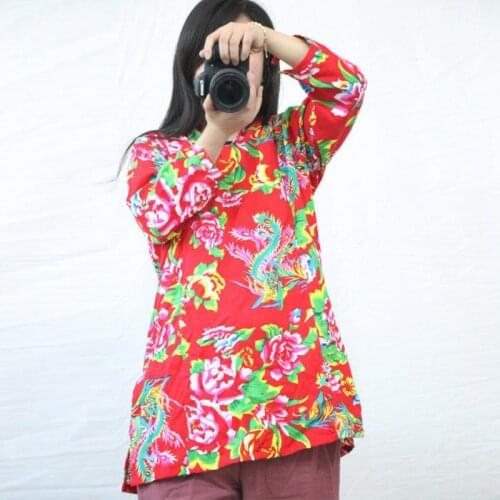 Johnature Autumn Cotton Linen Retro Style Print V-neck Three Quarter Sleeve Shirt 2021 New Loose Comfortable All-match Women Top